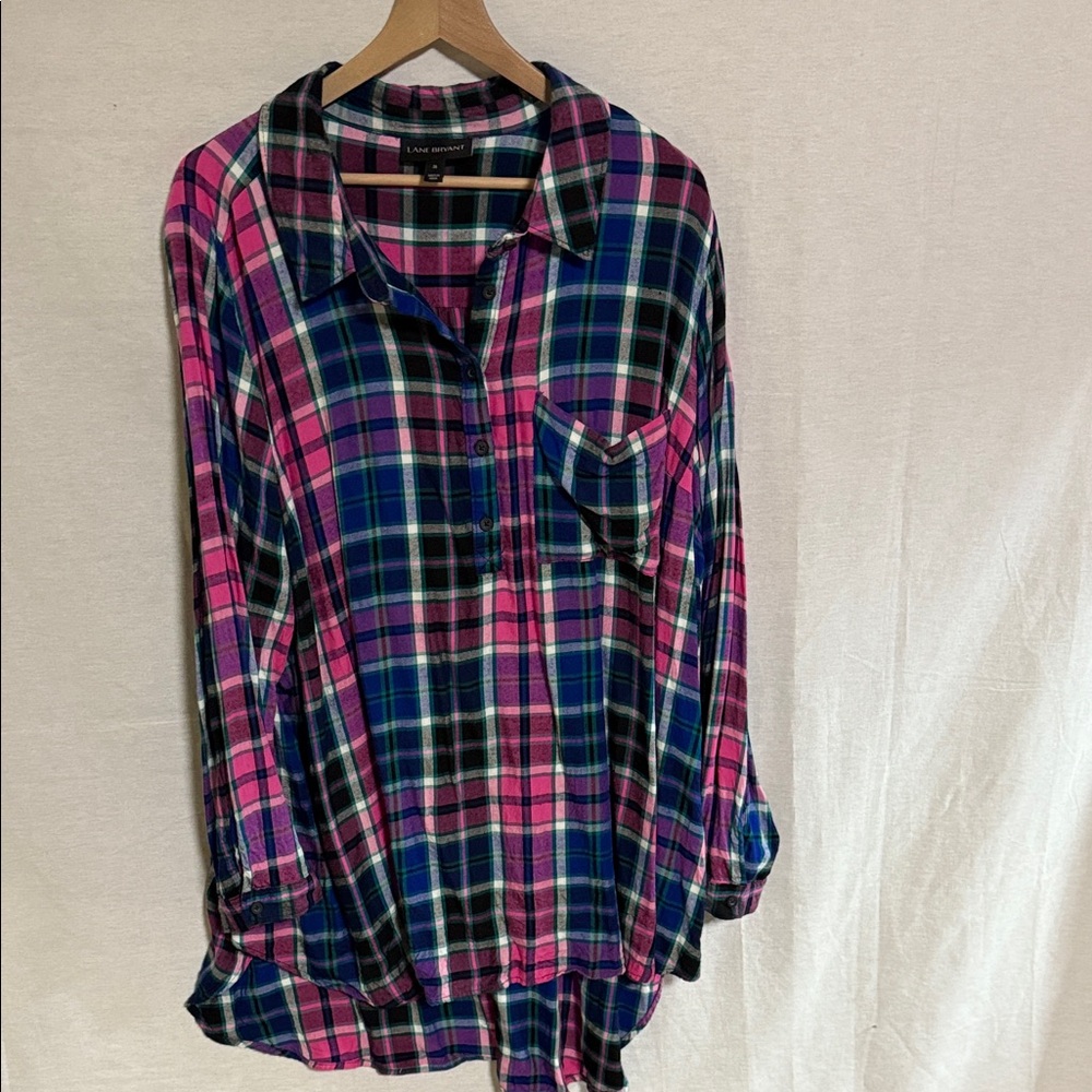 Lane Bryant Multicolor long sleeve popover Plaid Shirt EUC Size 26 100% Rayon